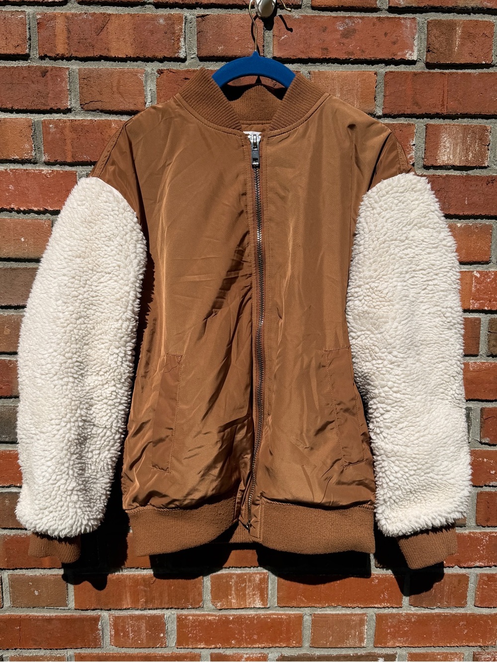 BB Dakota Cool Boss Tan Bomber Jacket with Cream Sherpa Sleeves Size S